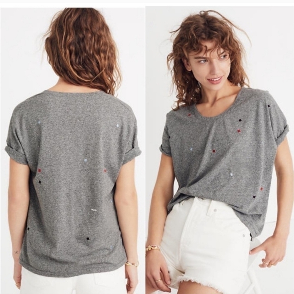 Madewell • Embroidered Squares U-Neck Short Sleeve Tee Women’s Size Small S EUC
